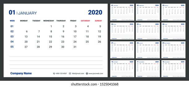 Modern minimal Calendar with week numbers for 2020.Memo Space.