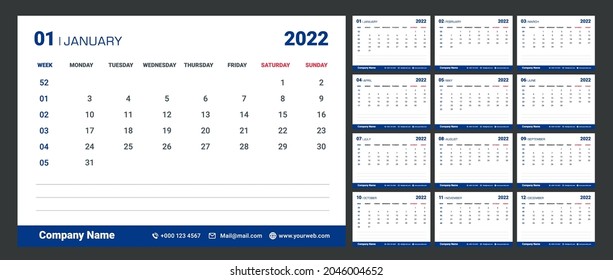 Modern minimal Calendar with week numbers for 2022.Memo Space.