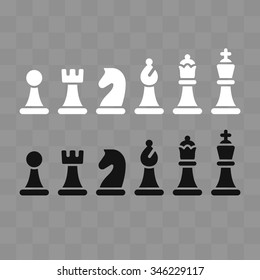 Modern minimal chess icon set on gray chessboard pattern. Simple flat vector Illustration.