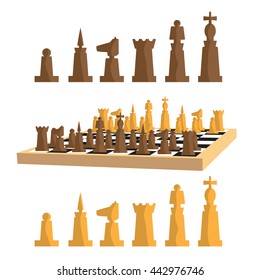 Modern minimal chess set and chess board with pieces apart. Simple flat vector Illustration.