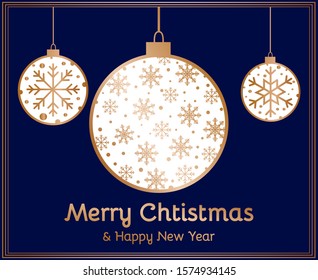Modern minimal christmas card. Suspended Christmas ball with golden snowflakes on dark blue background. Simple elegant Christmas card. Vector EPS 10