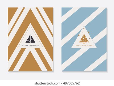 Modern minimal Christmas theme invitation cards with golden and blue geometric pattern and abstract triangle shaped pine trees 