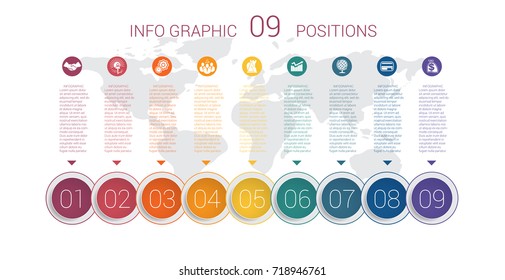 Modern minimal colorful diagram info graphics. Vector template 9 positions against the background of the world map.