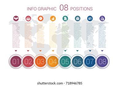 Modern minimal colorful diagram info graphics. Vector template 8 positions against the background of the world map.