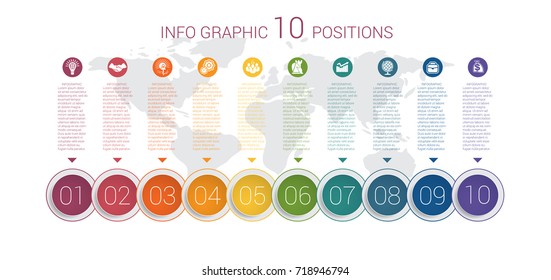 Modern minimal colorful diagram info graphics. Vector template 10 positions against the background of the world map. 