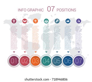 Modern minimal colorful diagram info graphics. Vector template 7 positions against the background of the world map.