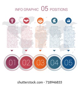 Modern minimal colorful diagram info graphics. Vector template 5 positions against the background of the world map.