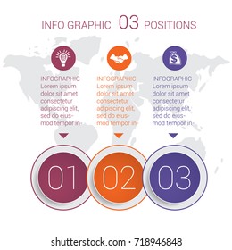 Modern minimal colorful diagram info graphics. Vector template 3 positions against the background of the world map.