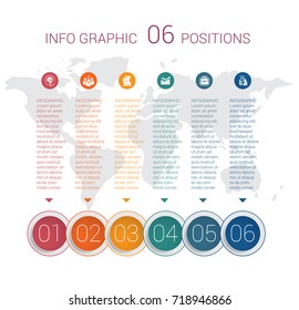 Modern minimal colorful diagram info graphics. Vector template 6 positions against the background of the world map.