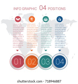 Modern minimal colorful diagram info graphics. Vector template 4 positions against the background of the world map.