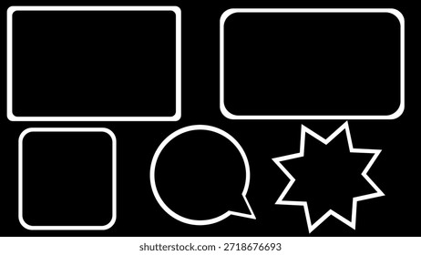 A modern, minimal composition featuring white outline icons on a black canvas: large rounded rectangles, a square, a speech bubble, and a starburst. Ideal for graphic design, UI mockups, and branding