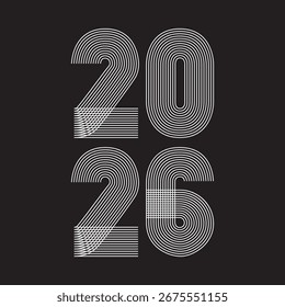 Fondo de cubierta minimalista moderno con número de Vertical 2026 en líneas geométricas blancas aisladas sobre fondo negro. Ilustración vectorial de Diseño gráfico para Navidades de feliz año Nuevo Anuncio de tarjeta de felicitación