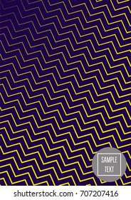 Modern minimal cover template. Contrast yellow on purple geometrical halftone background. Hipster linear trendy neon poster design. Dynamic shapes, waves, lines, stripes, zigzag minimal cover layers. 