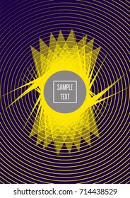 Modern minimal cover template. Contrast yellow on purple geometrical halftone background. Hipster linear trendy neon poster design. Dynamic shapes, waves, lines, stripes, zigzag minimal cover layers. 