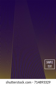 Modern minimal cover template. Contrast yellow on purple geometrical halftone background. Hipster linear trendy neon poster design. Dynamic shapes, waves, lines, stripes, zigzag minimal cover layers. 