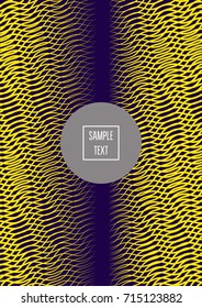 Modern minimal cover template. Contrast yellow on purple geometrical halftone background. Hipster linear trendy neon poster design. Dynamic shapes, waves, lines, stripes, zigzag minimal cover layers. 