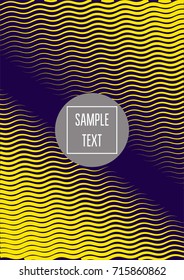 Modern minimal cover template. Contrast yellow on purple geometrical halftone background. Hipster linear trendy neon poster design. Dynamic shapes, waves, lines, stripes, zigzag minimal cover layers. 