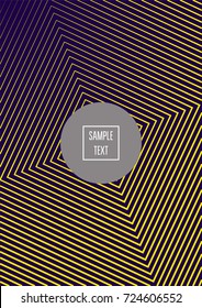 Modern minimal cover template. Contrast yellow on purple geometrical halftone background. Hipster linear trendy neon poster design. Dynamic shapes, waves, lines, stripes, zigzag minimal cover layers. 