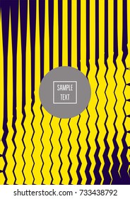 Modern minimal cover template. Contrast yellow on purple geometrical halftone background. Hipster linear trendy neon poster design. Dynamic shapes, waves, lines, stripes, zigzag minimal cover layers. 