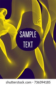 Modern minimal cover template. Contrast yellow on purple geometrical halftone background. Hipster linear trendy neon poster design. Dynamic shapes, waves, lines, stripes, zigzag minimal cover layers. 