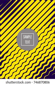 Modern minimal cover template. Contrast yellow on purple geometrical halftone background. Hipster linear trendy neon poster design. Dynamic shapes, waves, lines, stripes, zigzag minimal cover layers. 