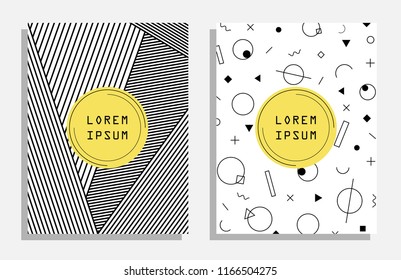 Modern minimal covers templates set with bauhaus, memphis and hipster style graphic geometric shapes elements. Applicable for placards, brochures, posters and banners. Eps10 vector illustrations.