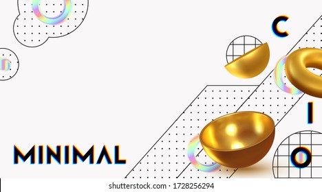 Modern minimal design with realistic 3d render objects. Abstract background. Art trend poster. Creative composition levitation of different forms of elements. Vector illustration