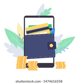 Modern minimal digital mobile wallet concept with phone screen flat vector illustration isolated on white background. Mobile banking and online finance banner template.