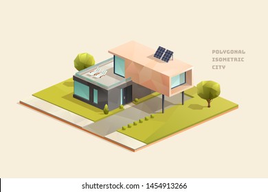 modern minimal family eco house with solar panels, polygonal isometric city