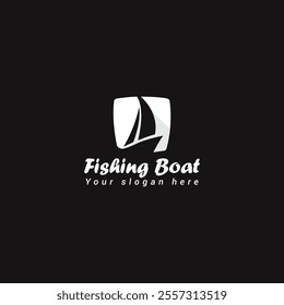 Modern minimal fishing boat logo illustration black and white,Yacht ship logo icon abstract design vector illustration.