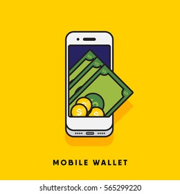 Modern Minimal Flat Stroke Digital Wallet Concept Vector Illustration. Mobile Banking, Online Finance, E-commerce Banner Template. For Mobile App, Web, Banner, Poster, Flyer, Header, Blog Post.