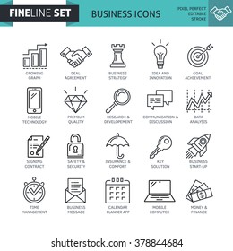 Modern minimal flat thin line business icon set. Business strategy, planning, communication, deal agreement, contract, scurity, mobile technology concept. For mobile app, web, banner, poster, flyer