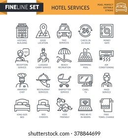 Modern Minimal Flat Thin Line Hotel Icon Set. Guest House, Resort, Hostel Services Vector Concept. For Mobile App, Web, Banner, Poster, Flyer