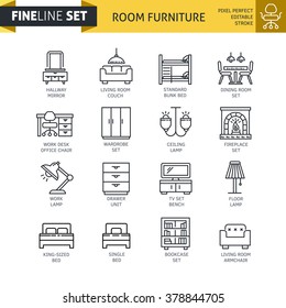 Modern minimal flat thin line room furniture icon set. Living room, dining room, bed room, home interior design vector concept. For mobile app, web, banner, poster, flyer