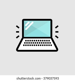 Modern minimal flat thin line laptop icon. Mobile computer, workplace, notebook, freelance, online, Internet, technology, digital device vector concept.  For mobile app, web, banner, poster, flyer.