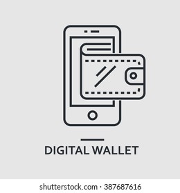 Modern minimal flat thin line digital wallet concept vector illustration. Mobile banking, online finance, e-commerce banner template. For mobile app, web, banner, poster, flyer, header, blog post.