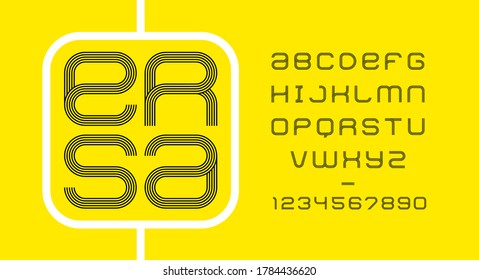 Fuente mínima moderna. Tipo de letra de línea moderna. Alfabeto inglés. Conjunto de letras. Conjunto de fuentes para el logotipo, la música, la portada, el titular, el diseño creativo. Ilustración vectorial.