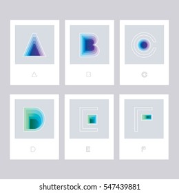 Modern minimal futuristic colorful symbol letters, a, b, c, d, e and f isolated on white cards in blue and green color hues