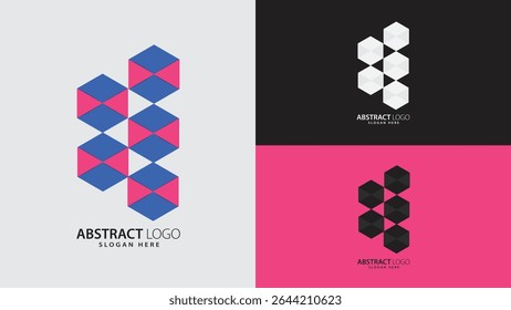 Modern Minimal Geometric bold cube-based abstract logo design in vibrant contrast colors with a 3D hexagon cube pattern in vivid blue and magenta. Perfect for software companies, startups, digital web