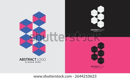 Modern Minimal Geometric bold cube-based abstract logo design in vibrant contrast colors with a 3D hexagon cube pattern in vivid blue and magenta. Perfect for software companies, startups, digital web
