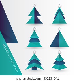 Modern minimal geometric Christmas pine tree paper cutouts vector illustration set in dark blue   turquoise color combinations