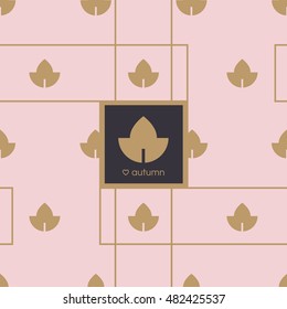 Modern minimal golden seamless pattern with leaves and leaf logo icon, autumn concept design