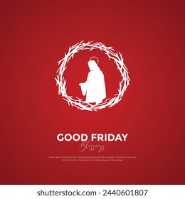 Modern and Minimal Good Friday Post and Greeting Card with clouds. Holy Week Good Friday Creatives with Text and Christian Cross Vector Illustration.