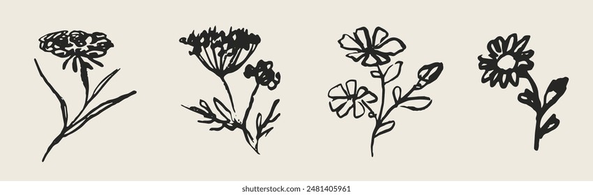 Modern minimal hand drawn tattoo style flowers art poster or placard collection. Ink, charcoal or crayon style flower plants or floral elements drawing vector illustration set. Abstract pencil botany.