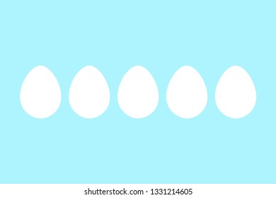 Modern minimal happy easter greeting card with five white eggs and blue background. Vector EPS 10 illustration.  