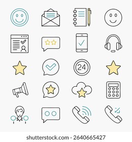 Modern and minimal icon set for communication design. Features vector icons for customer service, contact, feedback, and business needs. Perfect for web design and infographics.