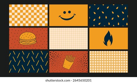 Modern minimal illustrations of burgers, fries, drinks, and graphic symbols on grid and textured backgrounds for casual dining branding.