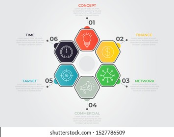 Modern minimal infographics with 6 colorful paper polygons steps and icon. Chart process template. Vector illustration for company or corporate business project and presentation. Trendy Eps10 design