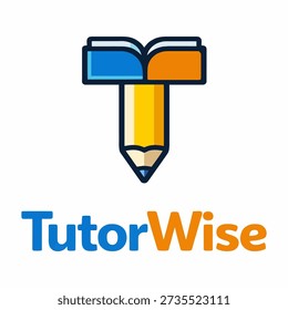 Modern minimal lettermark logo featuring the letter T shaped like a pencil and an open book. Geometric rounded vector design with clean typography. Perfect for tutoring companies, education brands, school apps, and learning services.