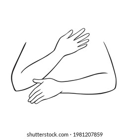 Modern, minimal line drawing of human hugging arms. Abstract symbolism of self-love, warmth, relationship, body positivity, self-nurture, confidence. Vector logo or icon. 